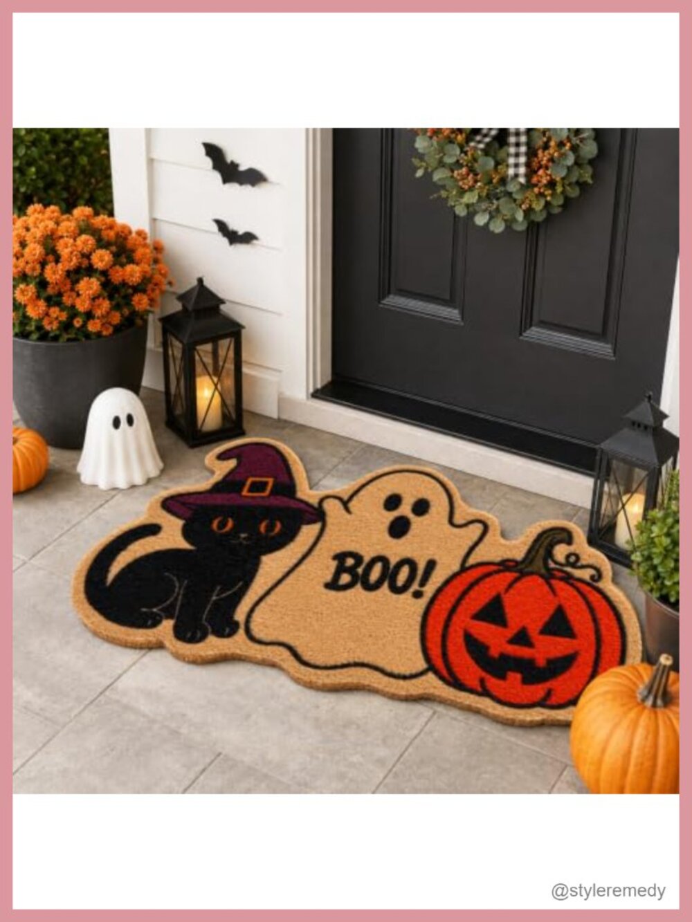 Halloween Coir Doormat Black Cat Ghost Pumpkin Non-Slip Rubber Back